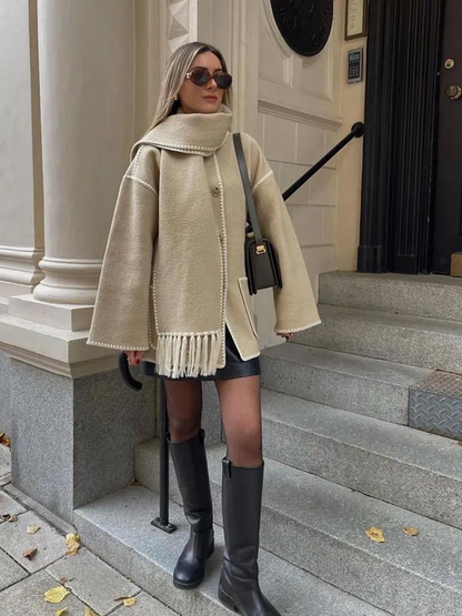 Women's loose woolen scarf tassels jacket
