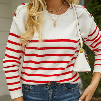 Women's Striped Sweater - Knit Fabric - Crew Neck - Long Sleeve - Button Detail