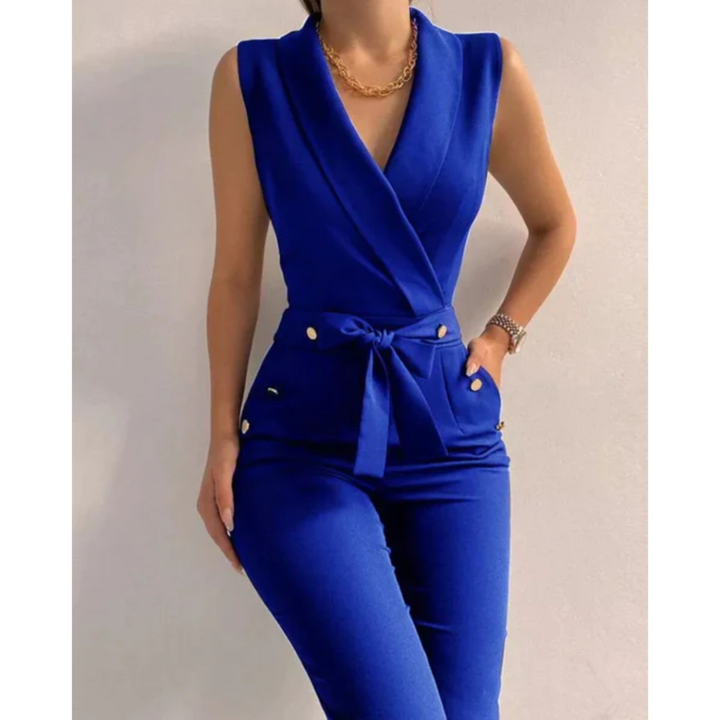 Women's Jumpsuit - Sleeveless V-Neck Wrap - Tie Waist with Button Detail - Straight Leg