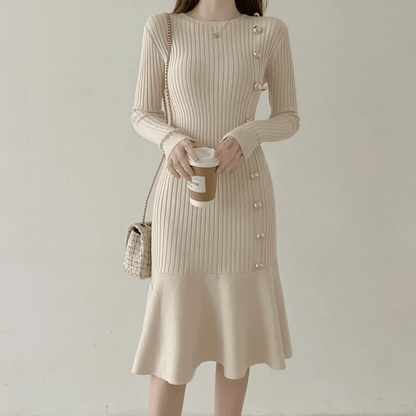 Women's Rib-Knit Mermaid Dress - Long Sleeve - Fitted Elegant Button Detail