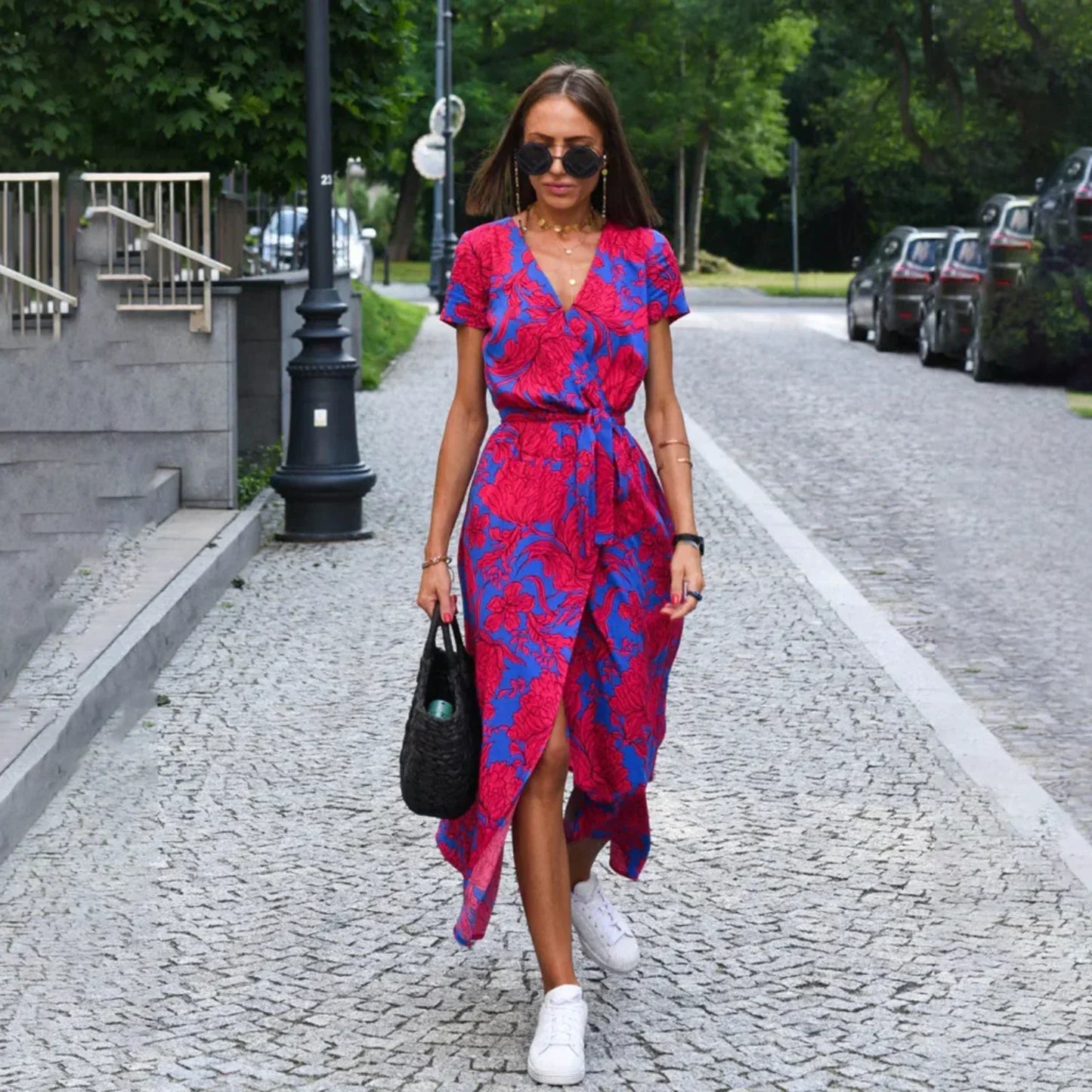Women's Wrap Dress - V-Neck Short Sleeve - Tie Waist Flowy Midi Maxi
