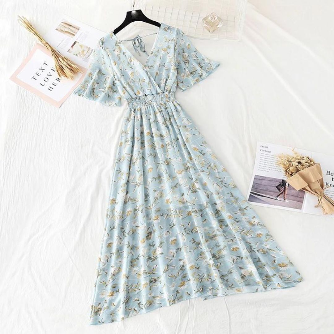 Women's Maxi Dress - Floral Print - V-Neck Cinched Waist - Short Flutter Sleeves