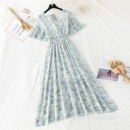 Women's Maxi Dress - Floral Print - V-Neck Cinched Waist - Short Flutter Sleeves