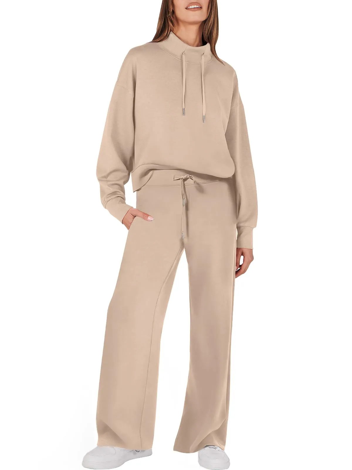 Women's chic mock drawstring sweatshirt and wide leg pants set