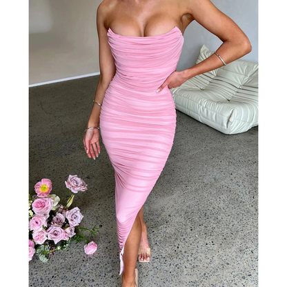 Women's Strapless Midi Dress - Bodycon Fit - Ruched Texture - Side Slit Elegant Wear