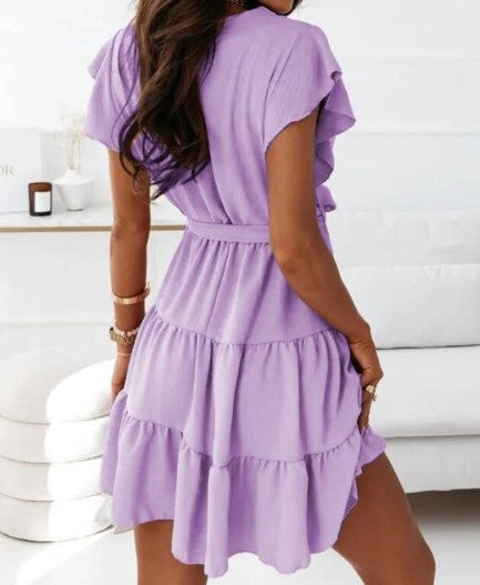 Women's Wrap Dress - V-Neck A-Line - Short Flutter Sleeve - Tiered Skirt