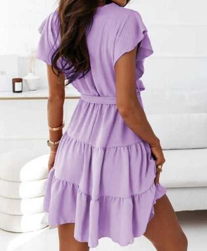 Women's Wrap Dress - V-Neck A-Line - Short Flutter Sleeve - Tiered Skirt
