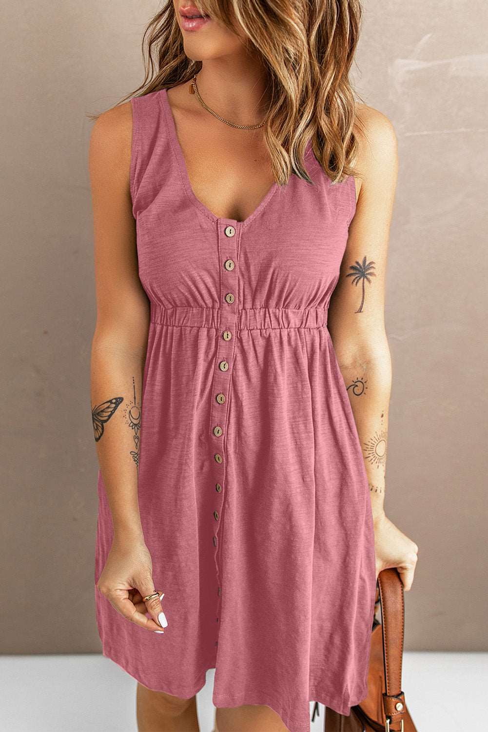 Women's Sleeveless Button-Up Mini Dress - V-Neck - Elastic Waist - Casual Fit