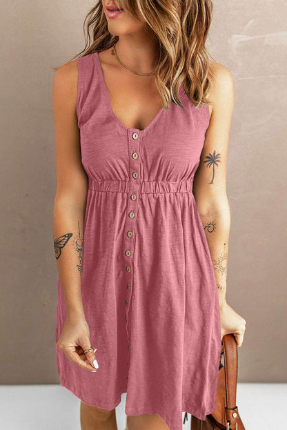 Women's Sleeveless Button-Up Mini Dress - V-Neck - Elastic Waist - Casual Fit