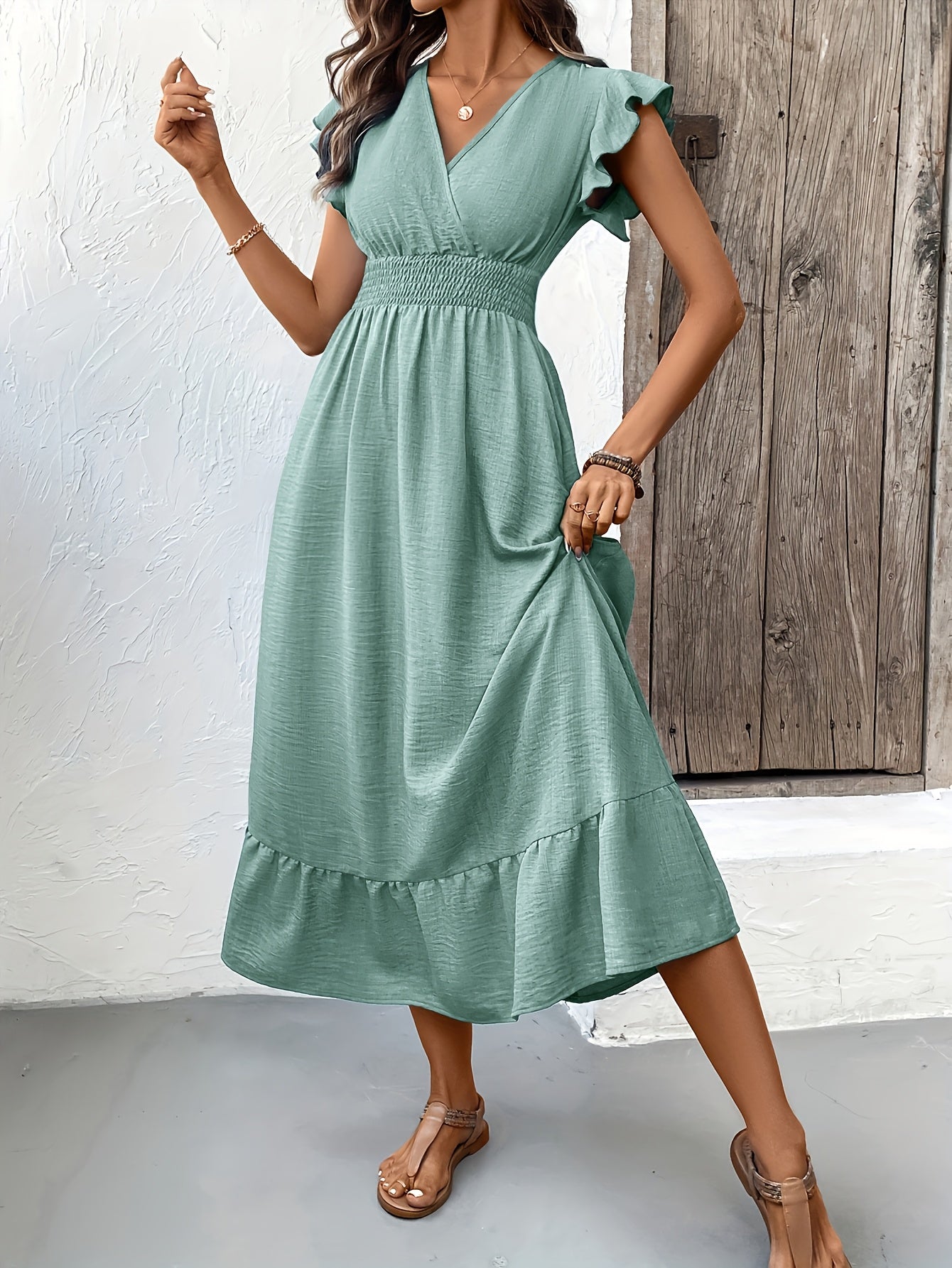 Smocked Waist Flutter Sleeve Midi Dress