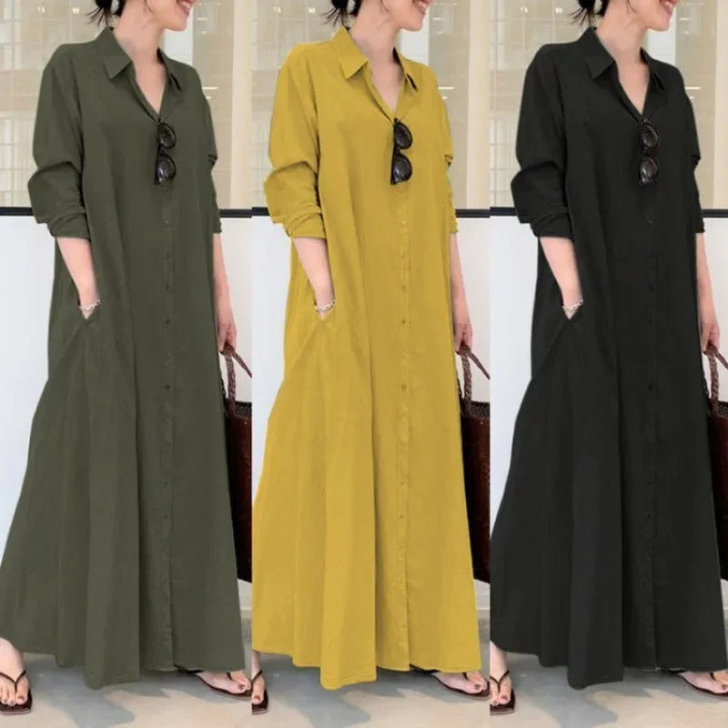 Women's solid color long sleeve pocket casual dress