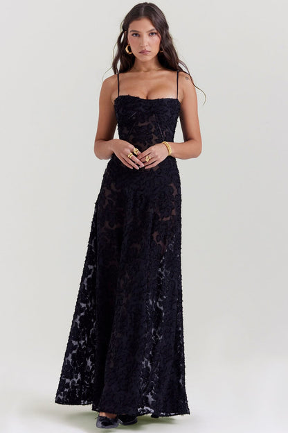 Women’s Maxi Dress – Slim Fit – Chiffon – Floral Pattern – Thin Straps – Elegant Style