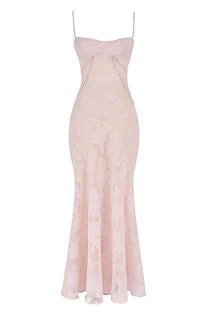 Women's Evening Gown - Floral Sheer Overlay - Spaghetti Straps - Sweetheart Neckline