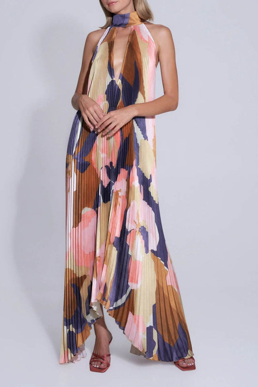 Pleated Halter Neck Maxi Dress