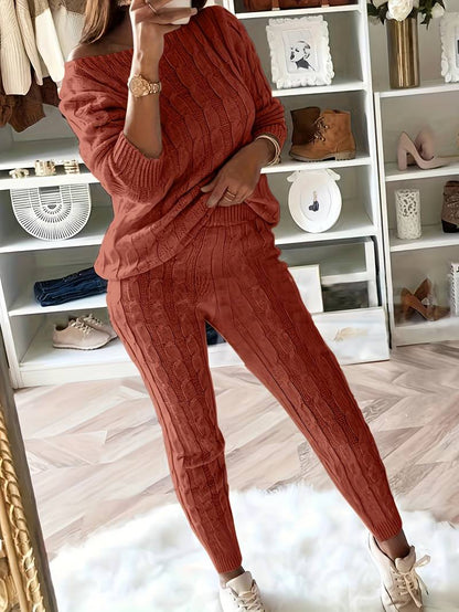 Women's Knit Sweater Set - Cable Knit - Oversized Off-Shoulder Sweater & Slim Pants