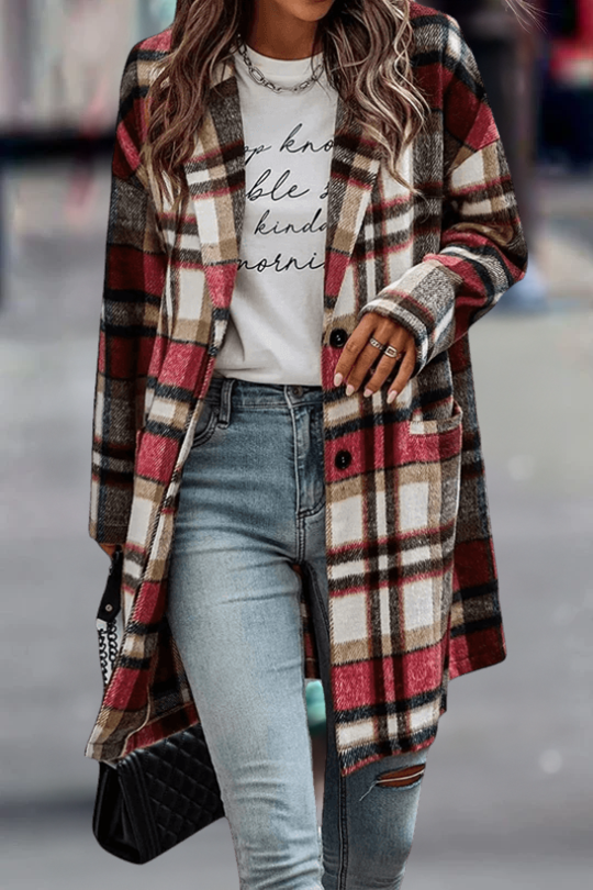 Women's loose fit checked coat with lapel pocket