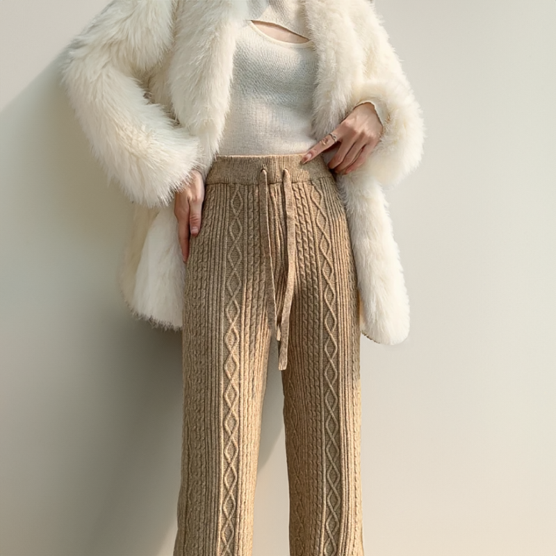 Women’s Knit Pants - Cable Knit Texture - Wide Leg - Soft Wool Blend - Relaxed Fit