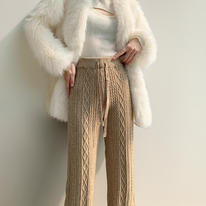 Women’s Knit Pants - Cable Knit Texture - Wide Leg - Soft Wool Blend - Relaxed Fit