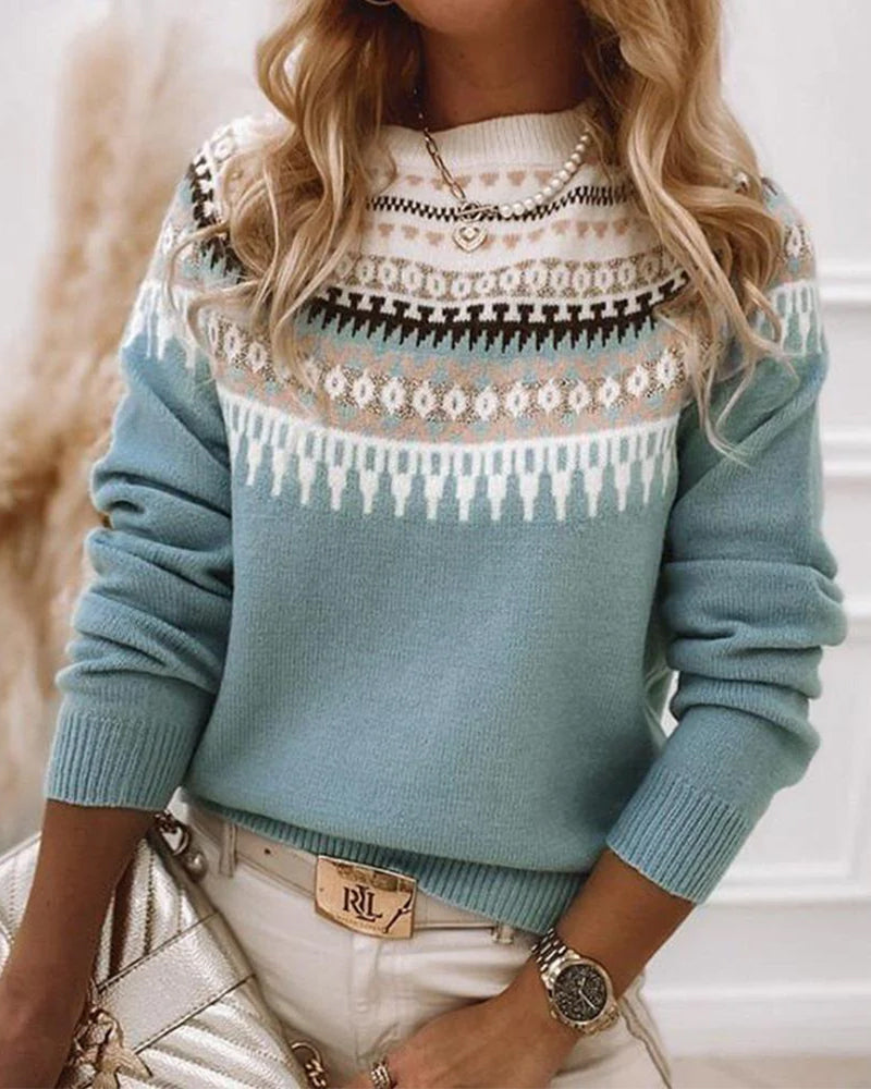 Women’s Knit Sweater - Fair Isle Pattern - Round Neck - Fitted Ribbed Cuffs and Hem