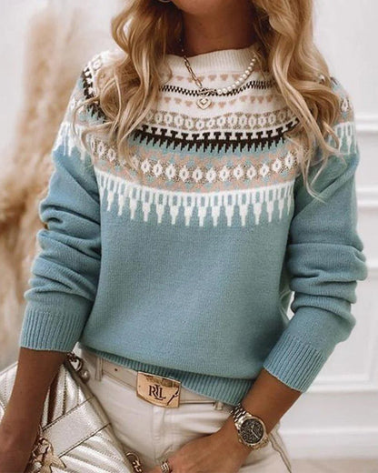 Women’s Knit Sweater - Fair Isle Pattern - Round Neck - Fitted Ribbed Cuffs and Hem
