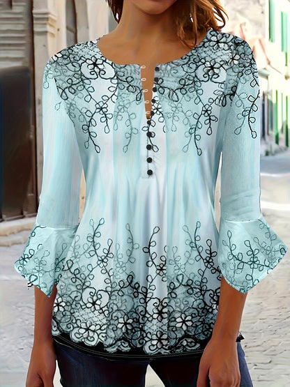 Women’s Blouse - Embroidered Lace Detail - Button-Up - Relaxed Fit - 3/4 Sleeve