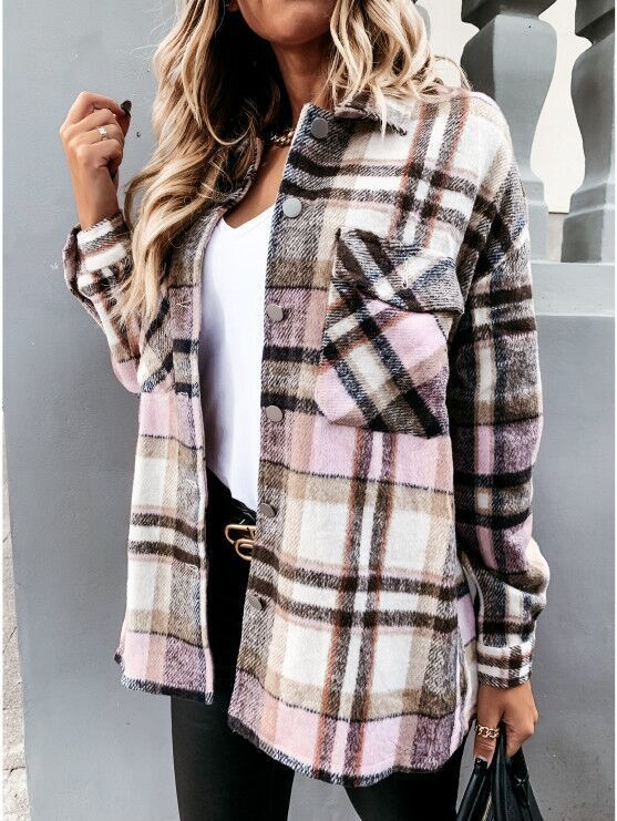 Women's long sleeved plaid shirt coat with large pockets