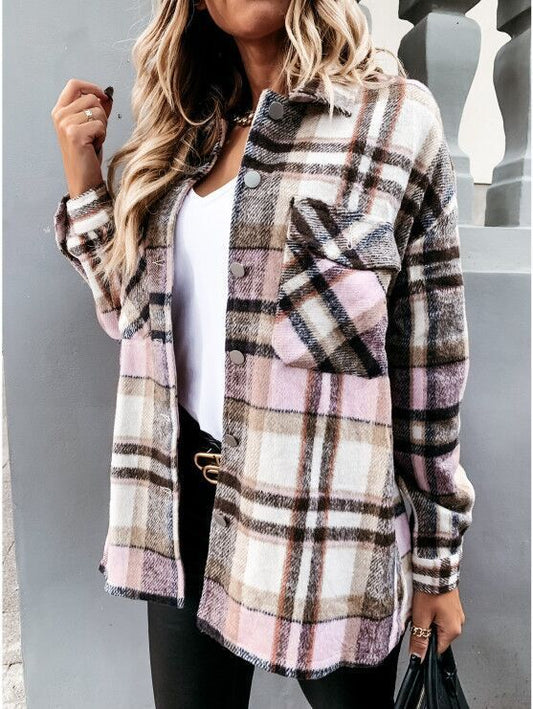 Plaid Long Sleeved Shirt Coat With Pockets