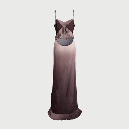 Women's Evening Gown - Satin Elegance - Sleeveless Fitted Design - Ruffle High Slit
