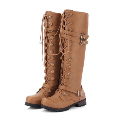 Women's waterproof faux leather knee-high boots with round head and belt buckle