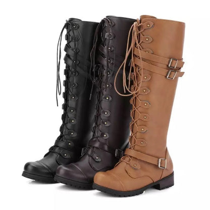 Women's waterproof faux leather knee-high boots with round head and belt buckle
