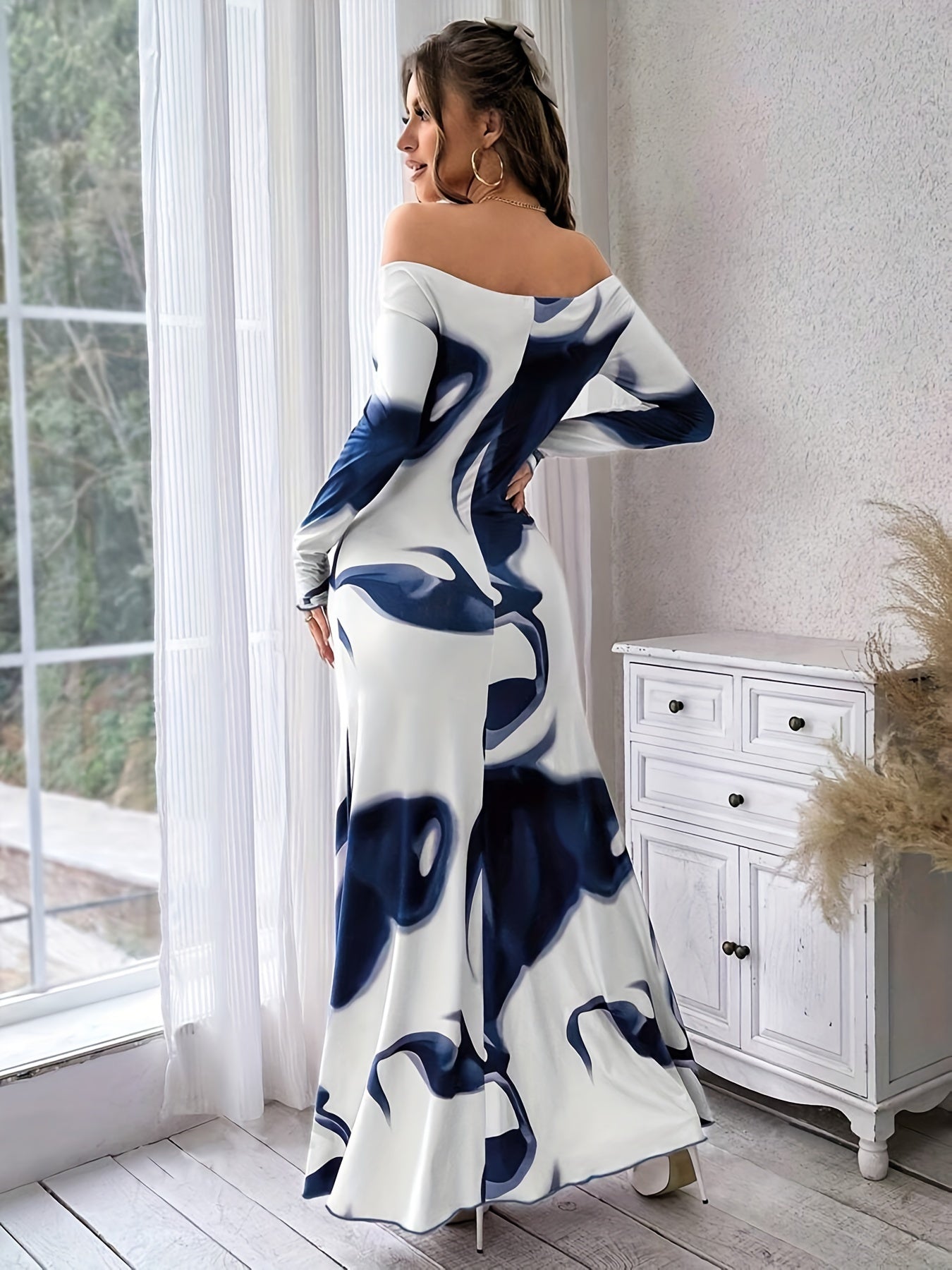Off-shoulder abstract print ruched maxi dress for women