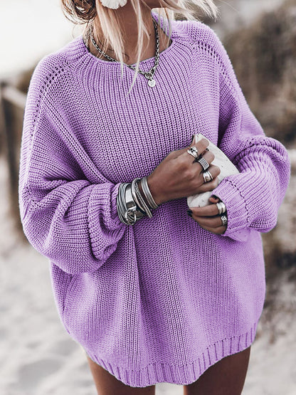 Women’s Knit Sweater – Oversized Fit – Chunky Wool Blend – Open Weave – Side Slit