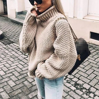 Women's Chunky Knit Sweater - Turtleneck - Oversized Fit - Textured Warm Pullover