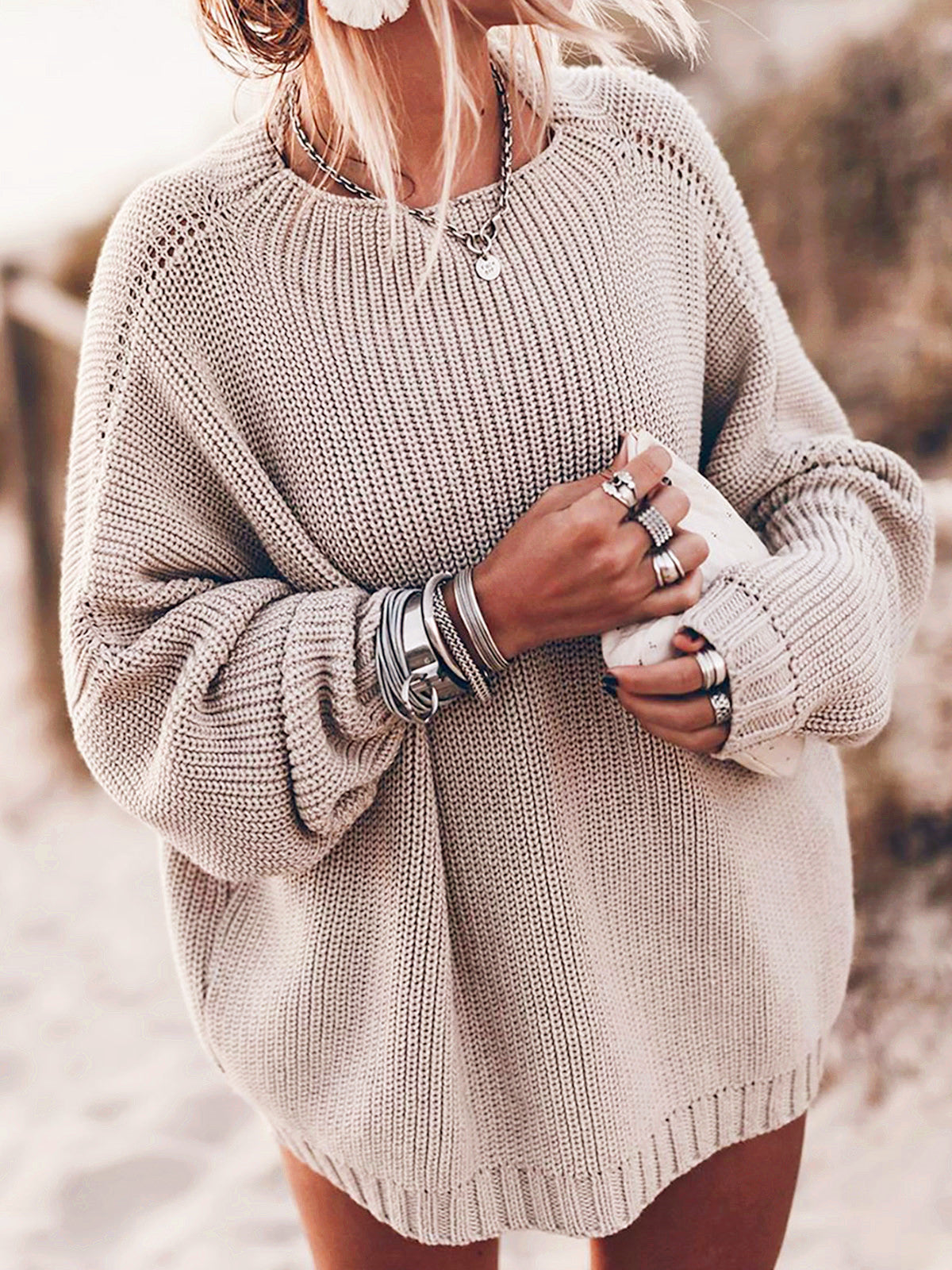 Women’s Knit Sweater – Oversized Fit – Chunky Wool Blend – Open Weave – Side Slit
