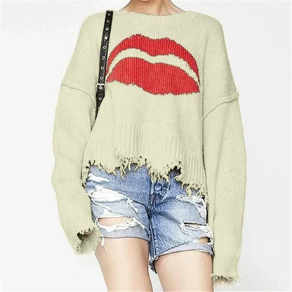 Women’s Sweater – Oversized Fit – Chunky Knit Wool – Bold Lip Motif – Fringed Hem
