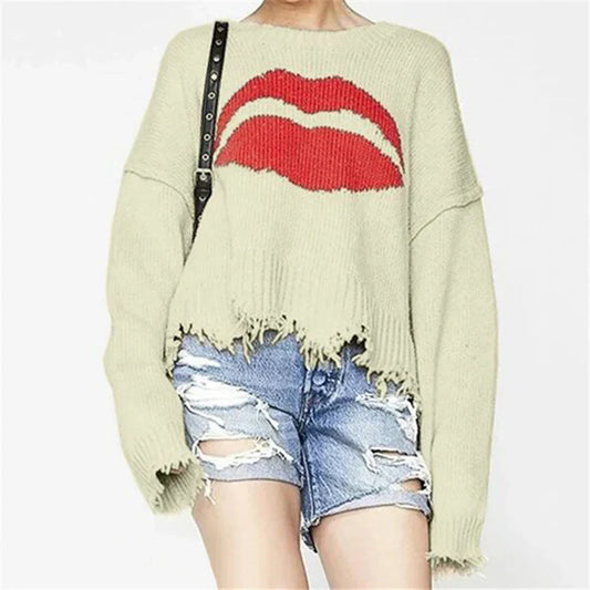 Chunky Knit Oversized Wool Sweater with Fringe 