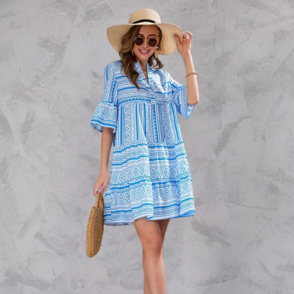 Women's Tunic Dress - Lightweight Fabric - Relaxed Fit - V-Neck & 3/4 Sleeves
