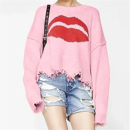 Women’s Sweater – Oversized Fit – Chunky Knit Wool – Bold Lip Motif – Fringed Hem