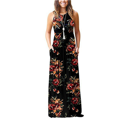 Women's Maxi Dress - Sleeveless Flowing Fit - Round Neck Floral Pattern