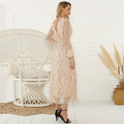 Women’s Long Sleeve Dress – Sequin Embellished – Fitted V-Neck – Full-Length Gown