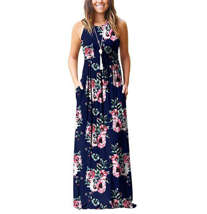 Women's Maxi Dress - Sleeveless Flowing Fit - Round Neck Floral Pattern