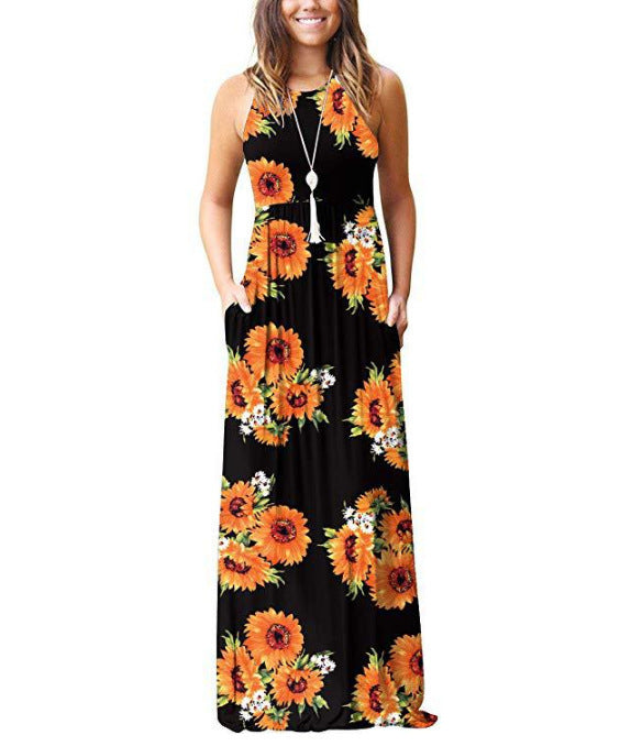 Women's Maxi Dress - Sleeveless Flowing Fit - Round Neck Floral Pattern