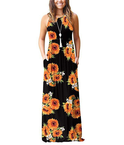 Women's Maxi Dress - Sleeveless Flowing Fit - Round Neck Floral Pattern