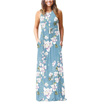 Women's Maxi Dress - Sleeveless Flowing Fit - Round Neck Floral Pattern