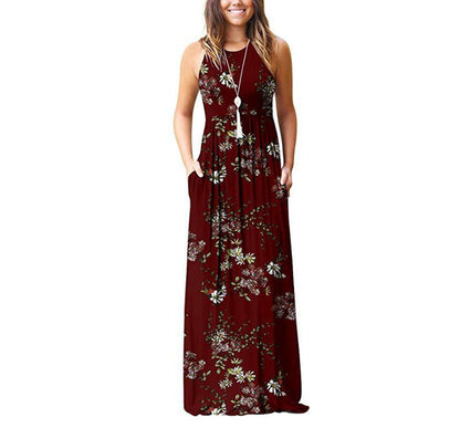 Women's Maxi Dress - Sleeveless Flowing Fit - Round Neck Floral Pattern