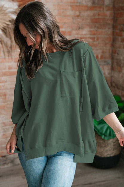 Women's Oversized Top - Loose Fit - Round Neck - Elbow Sleeve Casual Wear