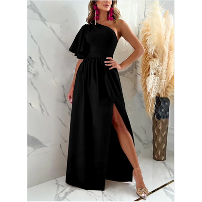 Women's One-Shoulder Maxi Dress – Elegant Evening Gown – High Slit – Flowing Skirt