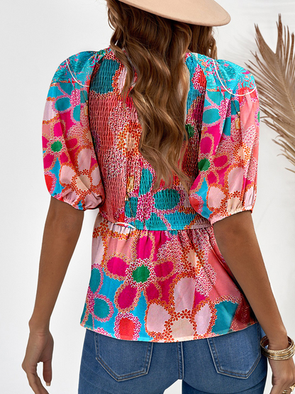Women's Blouse - V-Neck - Puff Sleeve - Smocked Waist - Floral Print Peplum