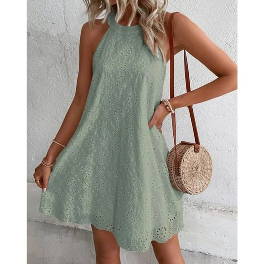 Embroidered Eyelet Halter-Neck Mini Dress