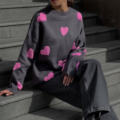 Women’s Knit Sweatshirt – Oversized Fit – Heart Pattern – Long Sleeve Casual Pullover